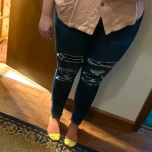 American Eagle Hi Rise Jeggings Distressed Dark Wash Size 16 Next Level Stretch